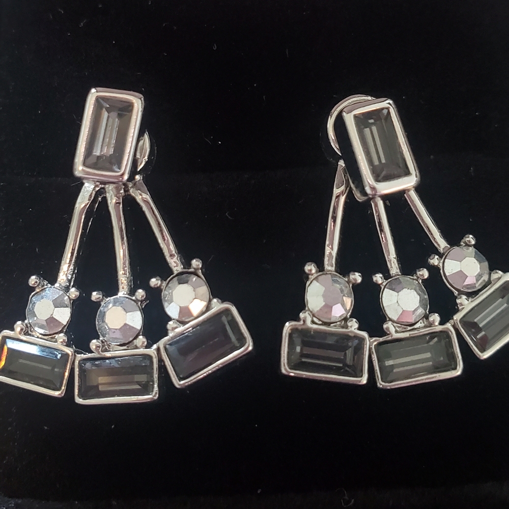 Post Earrings, Emerald cut with crystals, 2 Pair in 1
